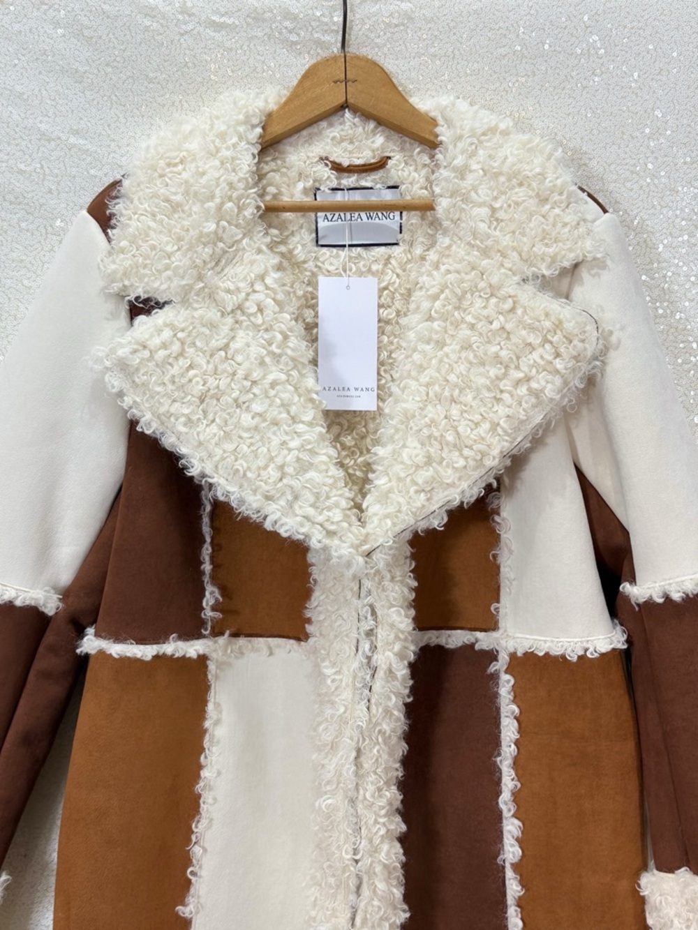 Azalea Wang Telluride Longline Patchwork Faux Shearling Coat Sherpa Boho Western - Picture 7 of 15